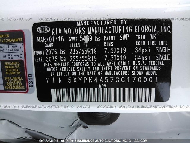 5XYPK4A57GG170001 - 2016 KIA SORENTO SX/SX LIMITED 白色 照片 9