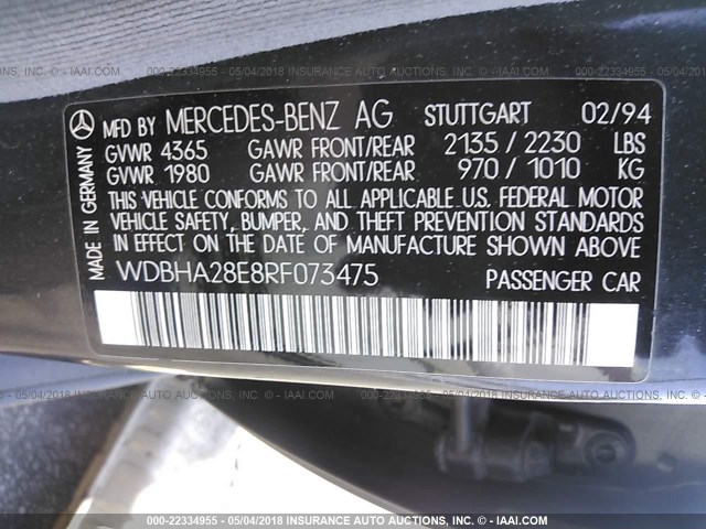 WDBHA28E8RF073475 - 1994 MERCEDES-BENZ C 280 GRAY photo 9