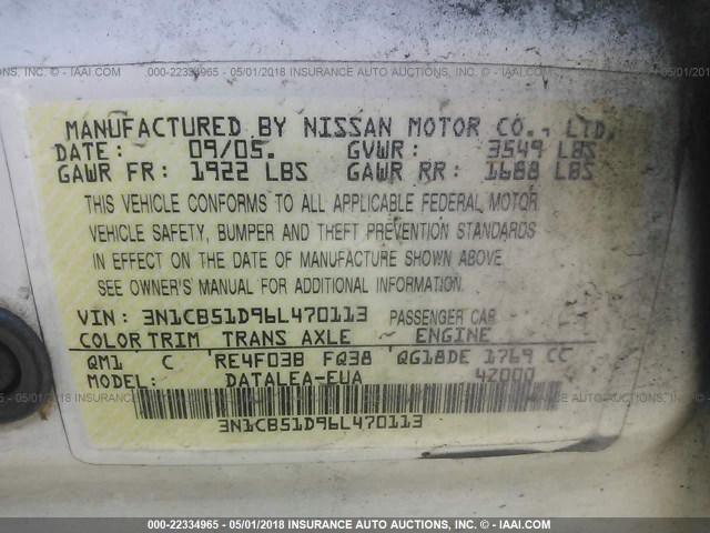 3N1CB51D96L470113 - 2006 NISSAN SENTRA 1.8/1.8S WHITE photo 9