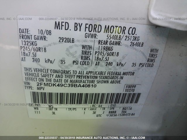 2FMDK49C39BA40810 - 2009 FORD EDGE LIMITED WHITE photo 9