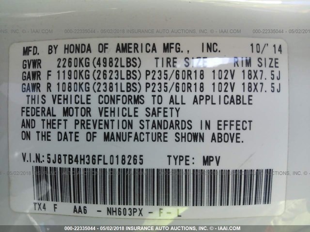 5J8TB4H36FL018265 - 2015 ACURA RDX WHITE photo 9