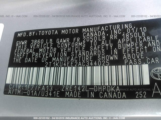 2T1KU4EE2AC344025 - 2010 TOYOTA COROLLA MATRIX  SILVER photo 9
