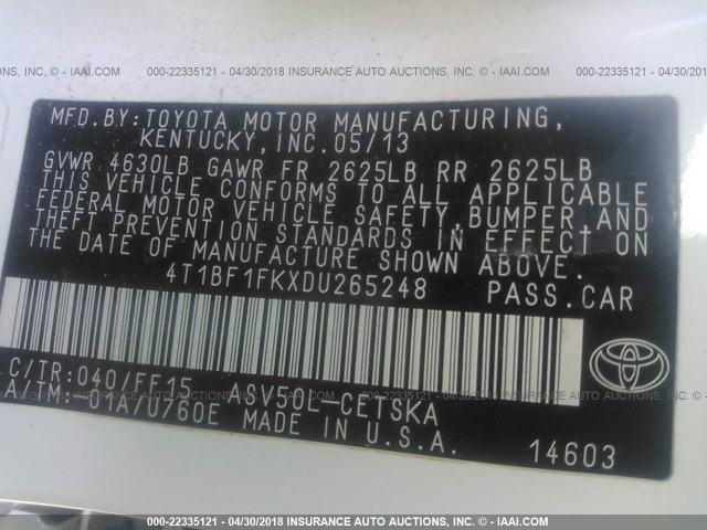 4T1BF1FKXDU265248 - 2013 TOYOTA CAMRY L/SE/LE/XLE 白色 照片 9