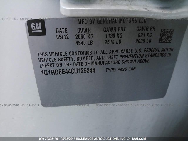 1G1RD6E44CU125244 - 2012 CHEVROLET VOLT WHITE photo 9