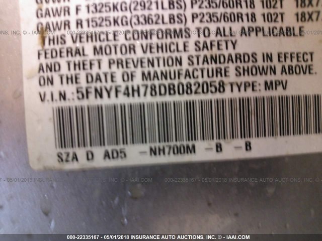 5FNYF4H78DB082058 - 2013 HONDA PILOT EXLN SILVER photo 9