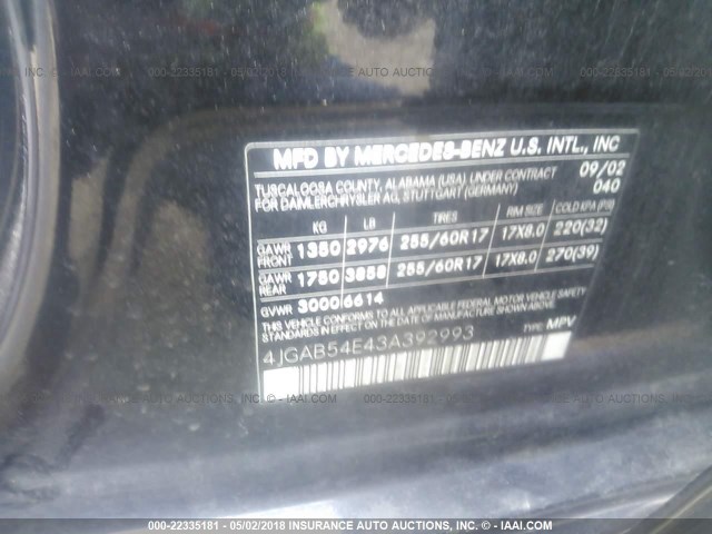 4JGAB54E43A392993 - 2003 MERCEDES-BENZ ML 320 BLACK photo 9