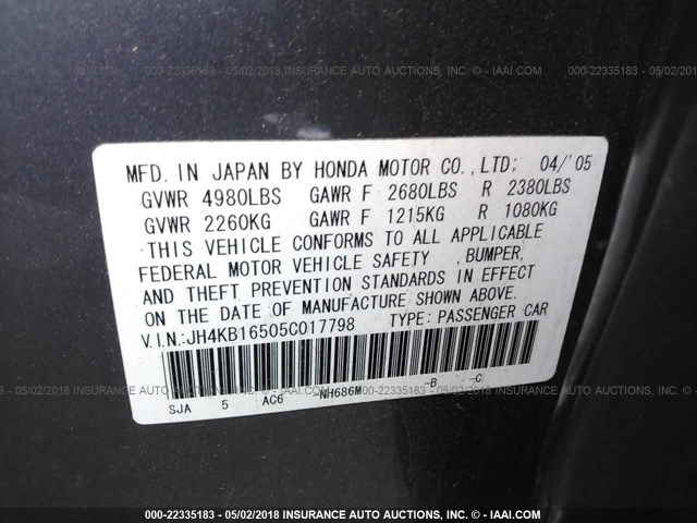 JH4KB16505C017798 - 2005 ACURA RL ნაცრისფერი ფოტო 9