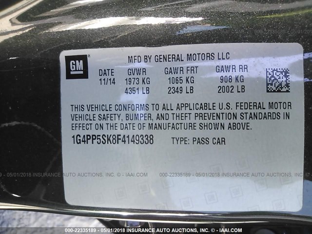 1G4PP5SK8F4149338 - 2015 BUICK VERANO GRAY photo 9