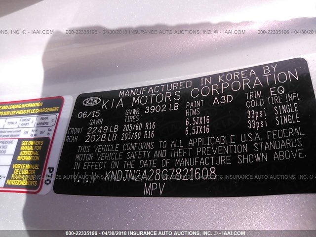 KNDJN2A28G7821608 - 2016 KIA SOUL SILVER photo 9