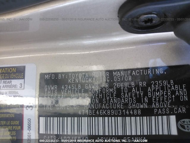 4T1BE46K89U314488 - 2009 TOYOTA CAMRY SE/LE/XLE TAN photo 9