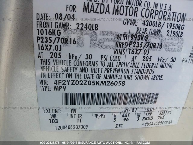 4F2YZ02Z05KM26058 - 2005 MAZDA TRIBUTE I SILVER photo 9