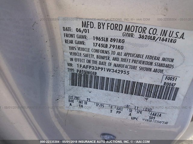 1FAFP33P91W342955 - 2001 FORD FOCUS LX GRAY photo 9