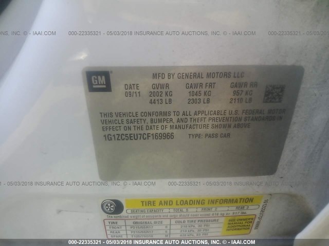 1G1ZC5EU7CF169966 - 2012 CHEVROLET MALIBU 1LT 白色 照片 9