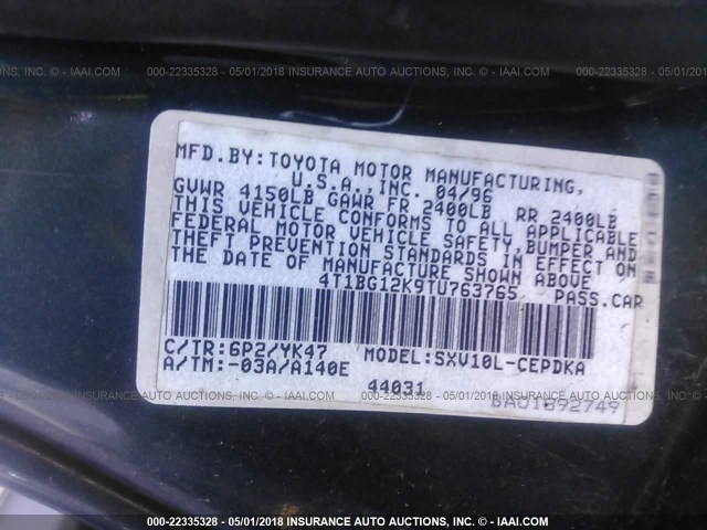 4T1BG12K9TU763765 - 1996 TOYOTA CAMRY DX/LE/XLE GREEN photo 9