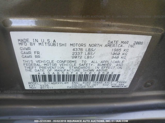 4A3AB56F49E010504 - 2009 MITSUBISHI GALANT ES BROWN photo 9