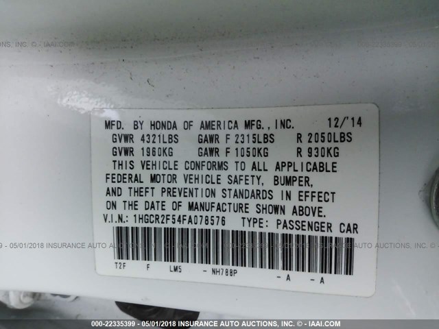 1HGCR2F54FA078576 - 2015 HONDA ACCORD SPORT Ақ фото 9