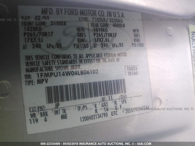 1FMPU14W04LB06102 - 2004 FORD EXPEDITION XLS SILVER photo 9