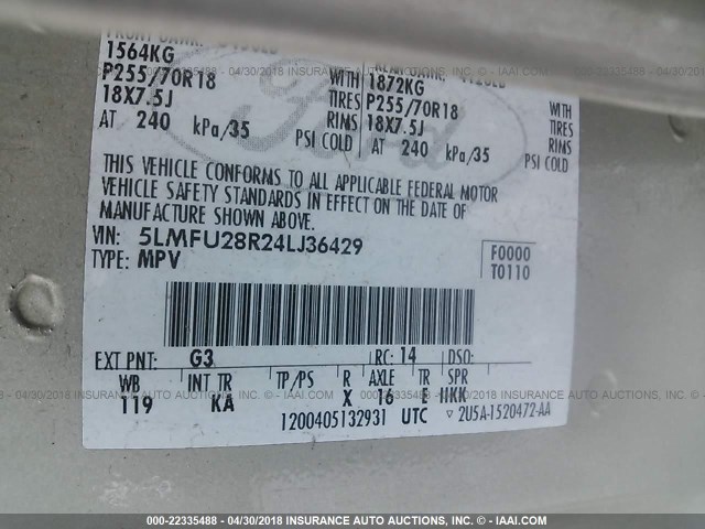 5LMFU28R24LJ36429 - 2004 LINCOLN NAVIGATOR TAN photo 9