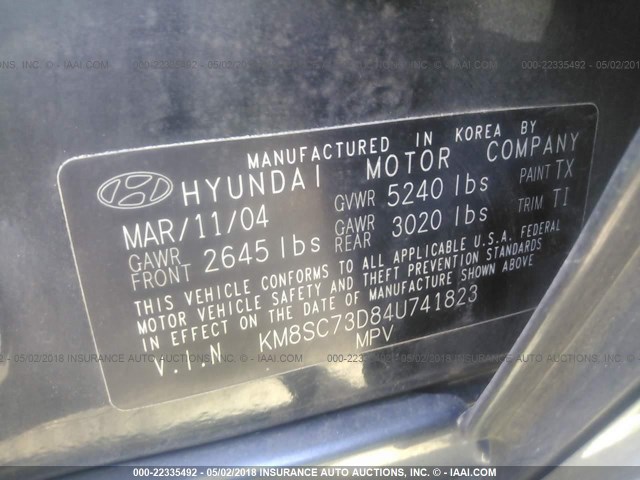 KM8SC73D84U741823 - 2004 HYUNDAI SANTA FE GLS/LX BLACK photo 9