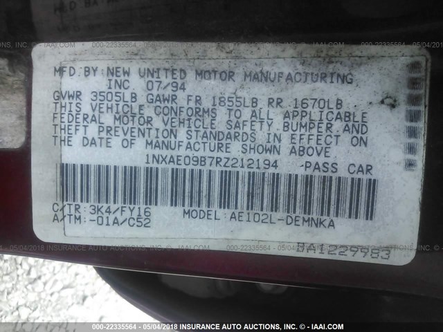 1NXAE09B7RZ212194 - 1994 TOYOTA COROLLA LE/DX მუქწითელი ფოტო 9