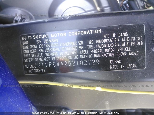 JS1VP54A252102729 - 2005 SUZUKI DL650 K BLUE photo 10