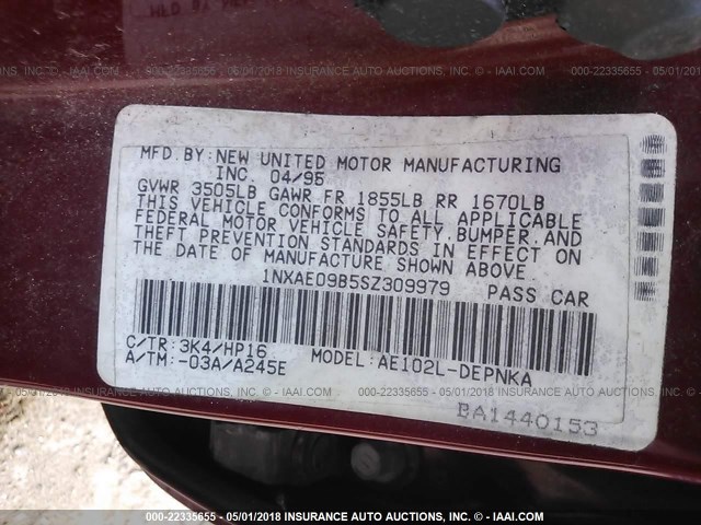 1NXAE09B5SZ309979 - 1995 TOYOTA COROLLA LE/DX 勃艮第红 照片 9