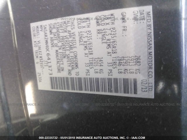 5N1AR2MN4DC641373 - 2013 NISSAN PATHFINDER S/SV/SL/PLATINUM 灰色 照片 9