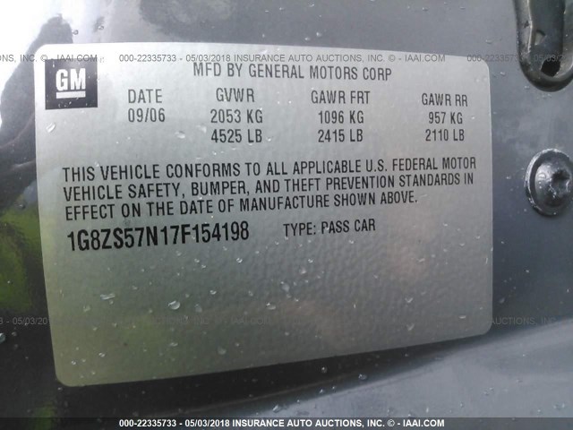 1G8ZS57N17F154198 - 2007 SATURN AURA XE GRAY photo 9