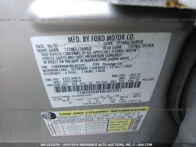 1FMDK06W48GA03201 - 2008 FORD TAURUS X LIMITED SILVER photo 9