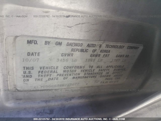 KL1TD56698B125077 - 2008 CHEVROLET AVEO LS SILVER photo 9