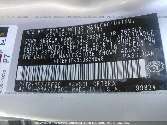 4T1BF1FK0EU821648 - 2014 TOYOTA CAMRY L/SE/LE/XLE 银色 照片 9