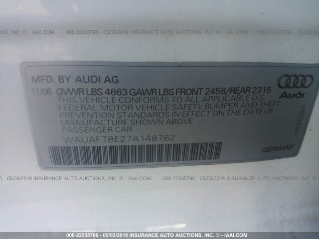 WAUAF78E27A148762 - 2007 AUDI A4 2/TURBO WHITE photo 9