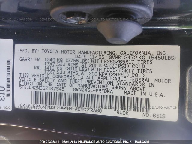 5TELU42N66Z187545 - 2006 TOYOTA TACOMA DOUBLE CAB BLUE photo 9