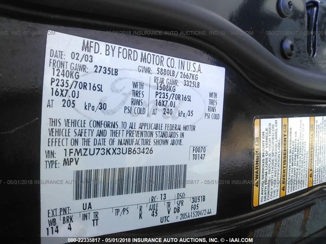 1FMZU73KX3UB63426 - 2003 FORD EXPLORER XLT/XLT SPORT/NBX BLACK photo 9