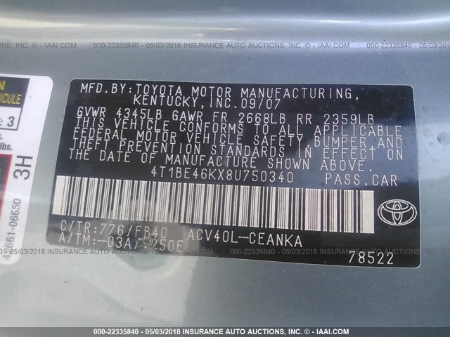 4T1BE46KX8U750340 - 2008 TOYOTA CAMRY CE/LE/XLE/SE GREEN photo 9
