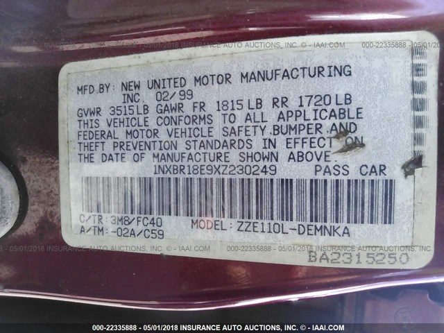 1NXBR18E9XZ230249 - 1999 TOYOTA COROLLA VE/CE/LE 栗色 照片 9