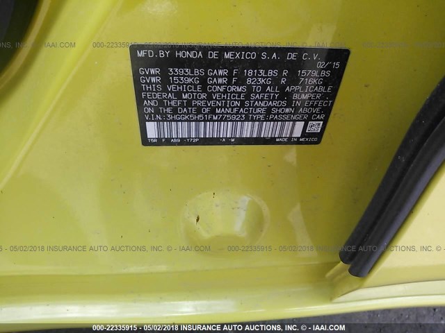 3HGGK5H51FM775923 - 2015 HONDA FIT LX YELLOW photo 9