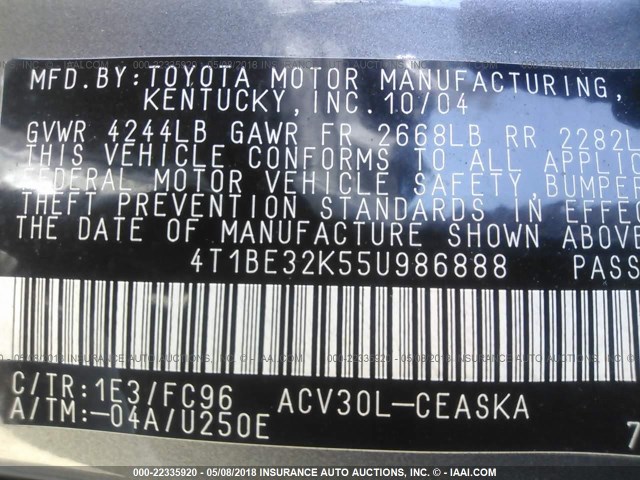 4T1BE32K55U986888 - 2005 TOYOTA CAMRY LE/XLE/SE ლურჯი ფოტო 9