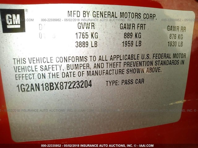 1G2AN18BX87223204 - 2008 PONTIAC G5 GT RED photo 9