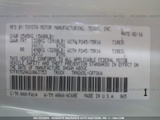 5TFRX5GN6GX063753 - 2016 TOYOTA TACOMA ACCESS CAB/SR/SR5 WHITE photo 9