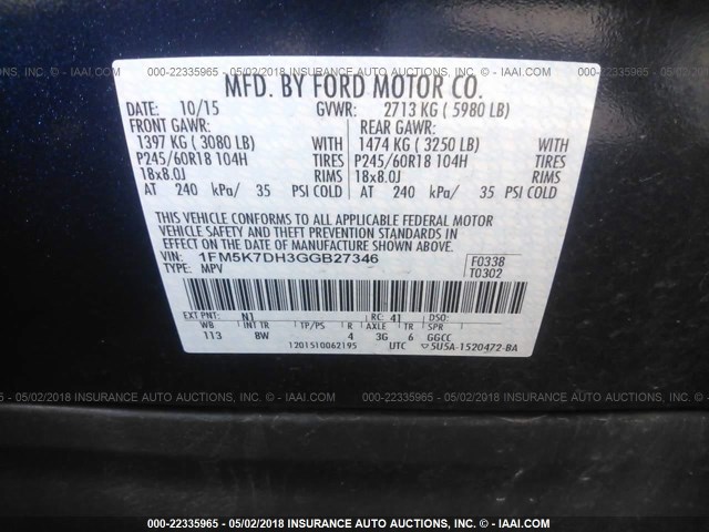 1FM5K7DH3GGB27346 - 2016 FORD EXPLORER XLT BLUE photo 9