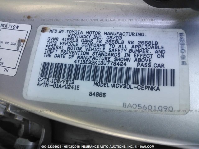 4T1BE32K13U778424 - 2003 TOYOTA CAMRY LE/XLE/SE 银色 照片 9