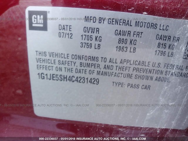 1G1JE5SH4C4231429 - 2012 CHEVROLET SONIC LTZ RED photo 9