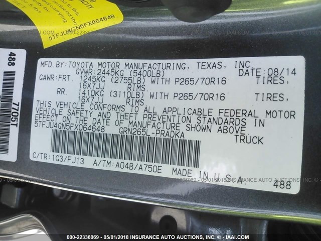 5TFJU4GN5FX064648 - 2015 TOYOTA TACOMA DOUBLE CAB PRERUNNER GRAY photo 9