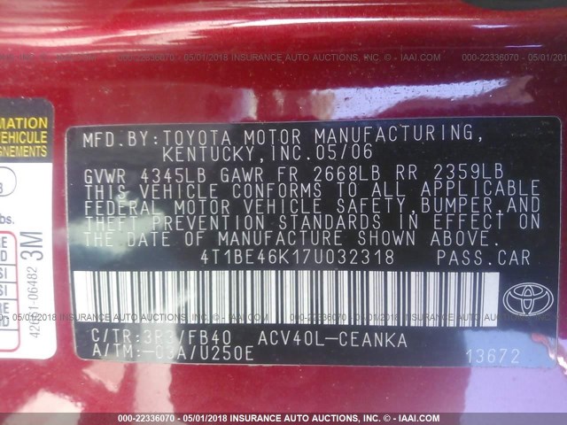 4T1BE46K17U032318 - 2007 TOYOTA CAMRY NEW GENERAT CE/LE/XLE/SE RED photo 9