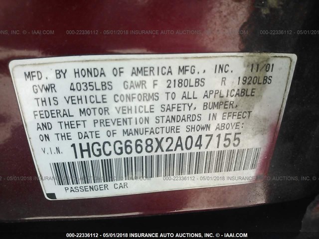 1HGCG668X2A047155 - 2002 HONDA ACCORD EX/SE RED photo 9