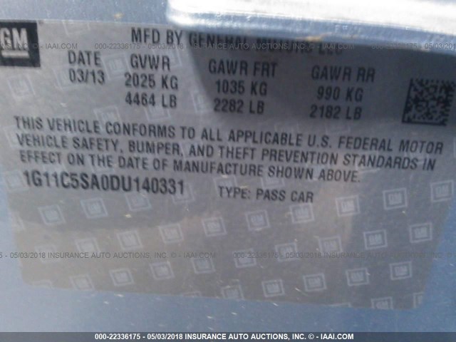 1G11C5SA0DU140331 - 2013 CHEVROLET MALIBU 1LT 浅蓝色 照片 9