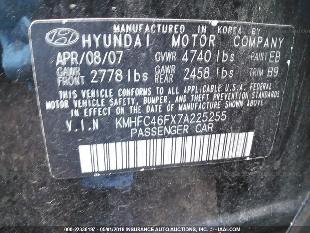 KMHFC46FX7A225255 - 2007 HYUNDAI AZERA SE/LIMITED BLACK photo 9