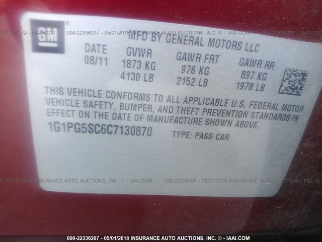 1G1PG5SC6C7130870 - 2012 CHEVROLET CRUZE LT RED photo 9