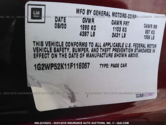 1G2WP52K11F116067 - 2001 PONTIAC GRAND PRIX GT MAROON photo 9